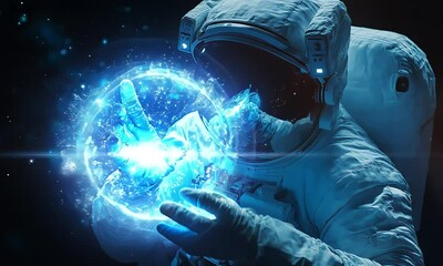 Wall Mural - an astronaut carefully examines a glowing crystal while floating in space.