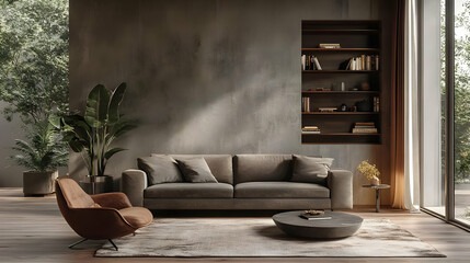 Wall Mural - Modern living room with a brown sofa, a round coffee table, and a bookshelf.