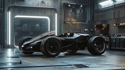 A futuristic black car in a garage with industrial accents.