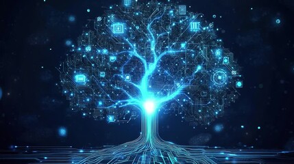 Abstract tree made of circuit board with neon effect and bokeh in futuristics concept.