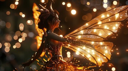 Wall Mural - A glowing fairy with large, golden wings and a shimmering gown.