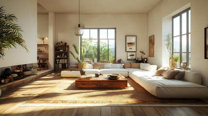 Wall Mural - Modern living room with white sectional sofa, large windows, and a fireplace.