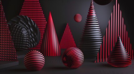 An abstract scene with geometric shapes in black, red and white.