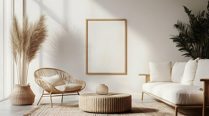 Wall Mural - Modern living room with wicker furniture, a large picture frame, a palm plant and pampas grass.