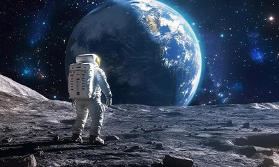 Wall Mural - an astronaut stands on the moon, gazing at the earth in the distance.
