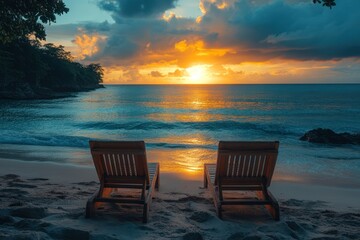 Two wooden lounge chairs on a sandy beach facing a colorful sunset over the ocean.