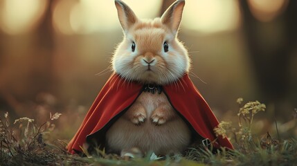 Cute Rabbit Wearing Red Cape in Grass