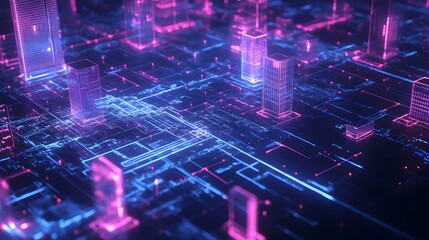 Poster - Neon Cityscape  Futuristic City  Digital Architecture  Abstract Urban Design