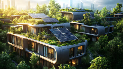 Wall Mural - Modern, futuristic, eco-friendly apartment building with green roofs, solar panels, and lush vegetation.