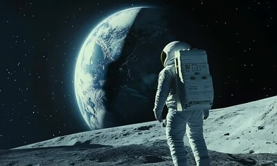Wall Mural - an astronaut stands on the moon, looking at the earth shining in the distance.
