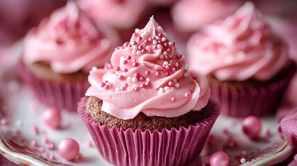 Wall Mural - Pink cupcake with frosting and sprinkles, close-up.