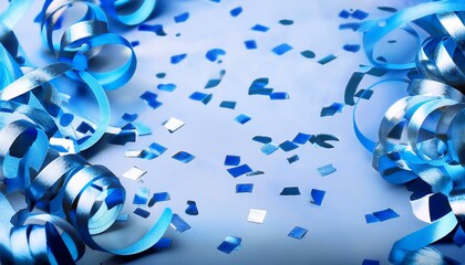 Blue confetti. Celebration carnival ribbons. Luxury greeting card.