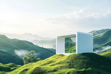 sustainable green building environmentally friendly buildings Future green business idea Environmental sustainability goals in 2050. White building shape amidst pristine nature. , ai