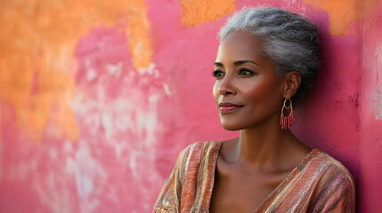 Wall Mural - Portrait of a confident woman with silver hair and a warm smile, leaning against a pink wall.