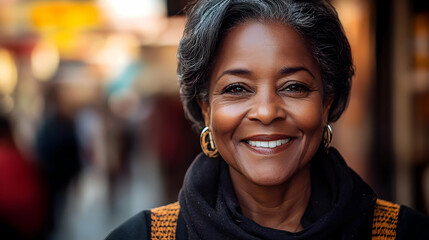 Canvas Print - Portrait of a happy senior woman with gray hair smiling in the city.