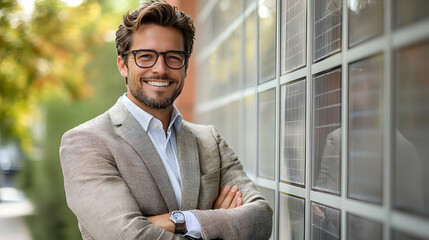 Canvas Print - Portrait of a smiling man in a suit and glasses standing outside.