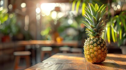 Wall Mural - Fresh pineapple sitting on a wooden table,