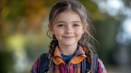 Canvas Print - Portrait of a young girl with braids and a backpack smiling in a park.