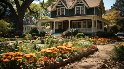 Canvas Print - classic house with flower garden  