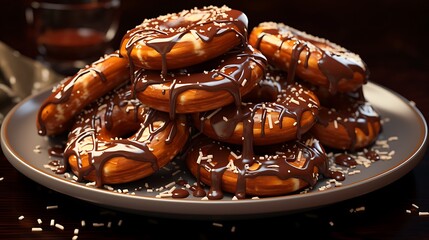 A sweet and indulgent plate of chocolate-covered pretzels with sea salt and caramel drizzle.