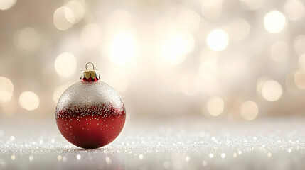 Canvas Print - Red Christmas Ornament with Glitter on a White and Gold Bokeh Background.