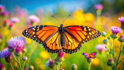 Wall Mural - Close-up image of a colorful butterfly resting on a vibrant wildflower in a lush meadow, wildlife, nature, insect