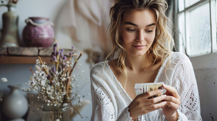 girl plays out tarot cards.  esoteric theme