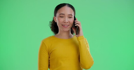 Poster - Woman, smile and talking with phone call on green screen for communication, networking and happy news of contact. Female person, mobile and online conversation, chat and internet on studio background