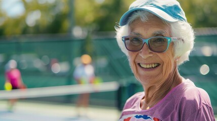 Wall Mural - Joyful elderly woman playing pickleball. Represents active senior lifestyle.