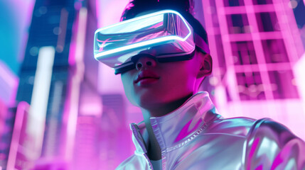 A 3D man wearing VR glasses stands in abstract cityscape with pink and purple neon lights for futuristic sci-fi technology cyberpunk cool background