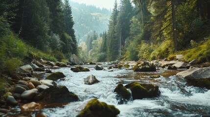 A mountain river flows between the rocky shores of the mountains. AI generated image