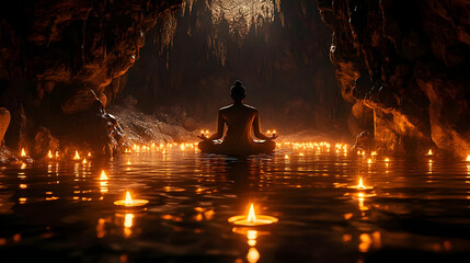 Sticker - Silhouette of a meditating Buddha in a cave with candles in the water.