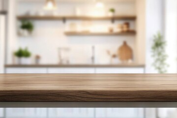 Wall Mural - kitchen table background, wood counter top on blur of white clean abstract home interior with bokeh. used for display or montage your wooden for dining background. table banner, ai