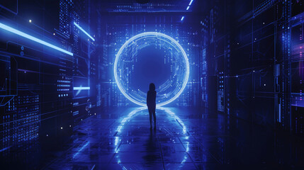 Wall Mural - A 3D futuristic and high-tech dark blue background with holographic floating digital circles and glowing lines in futuristic virtual reality realistic cyberpunk style