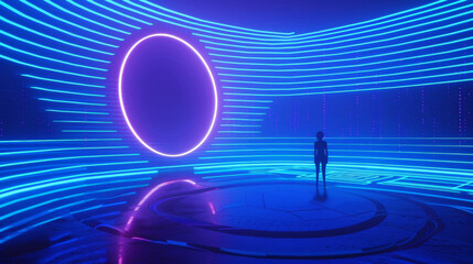 Wall Mural - A 3D futuristic and high-tech blue purple background with holographic floating digital circles ripples in sky and land in futuristic virtual reality digital cyberpunk style