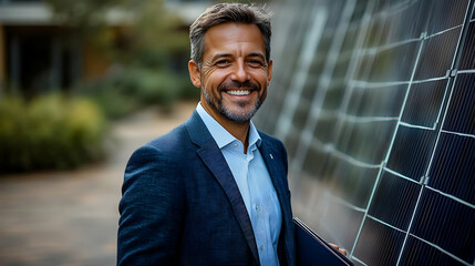 Smiling businessman in blue suit standing in front of solar panels.