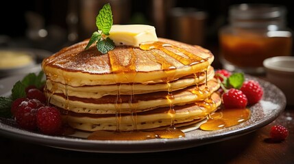 Wall Mural - A delectable platter of buttermilk pancakes drizzled with caramel syrup and topped with fresh raspbe