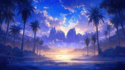 Sticker - Tropical Sunset Landscape with Palm Trees and Mountains