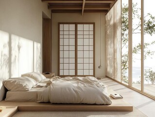 Wall Mural - minimalist bedroom interior earthy tones zen atmosphere natural light