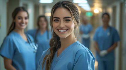 Smiling female nurse in a hospital hallway with other nurses in the background.