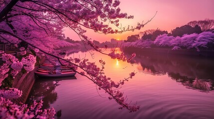 Wall Mural - Cherry blossoms in full bloom along a river, with a setting sun in the distance, creating a dreamy pink landscape.