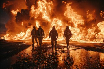 Three firefighters are walking through a burning building