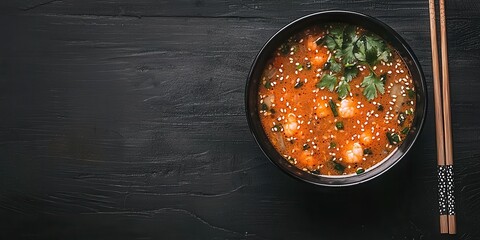 Wall Mural - Delicious Asian Shrimp Soup in Black Bowl with Chopsticks on Rustic Wooden Background