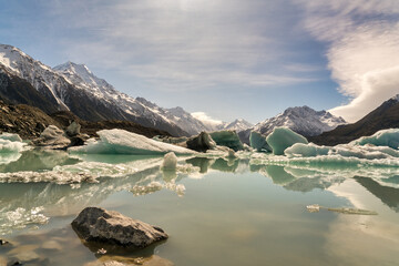 Icebergs on the alpine Tasman lake at the river end in Aoraki Mt Cook National Park