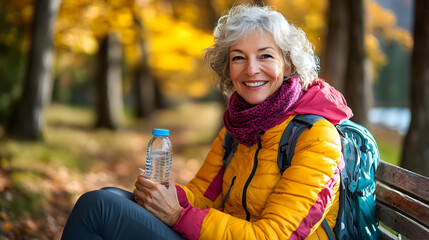 Canvas Print - Smiling woman in a yellow jacket sitting on a bench in a park, holding a water bottle.