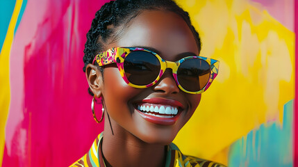 Sticker - Smiling woman in colorful sunglasses against vibrant pink and yellow background.