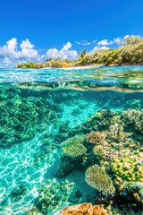 Wall Mural - Tropical Beach with Underwater Coral Reef and Blue Sky