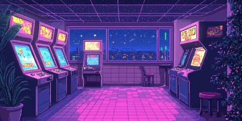 Wall Mural - Retro Arcade Game Room Pixel Art Night Cityscape