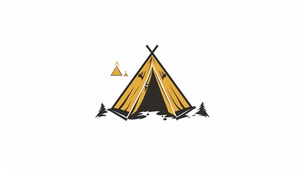 Wall Mural - A stylized design of a tent in a forest with a sun setting in the background.