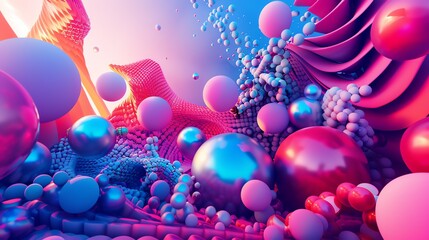 Abstract 3D render of colorful glossy spheres and geometric shapes.